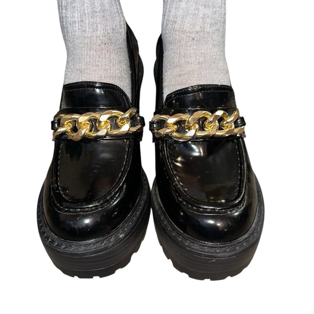 Madden Girl Platform Black Loafers with Gold Chain Accent